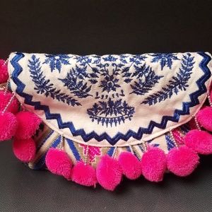 PAPER SOURCE POMPOM CROSS BAG EMBROIDERED CLUTCH